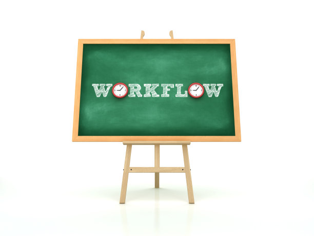 画架与工作流程字和时钟在黑板框架- 3D渲染图片下载