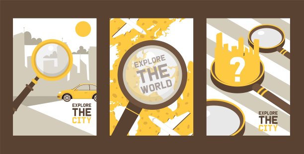 探索一套城市卡片，海报矢量插图。摩天大楼和汽车在街道上飞驰的城市。探索世界与飞行飞机在全球。问号。图片下载