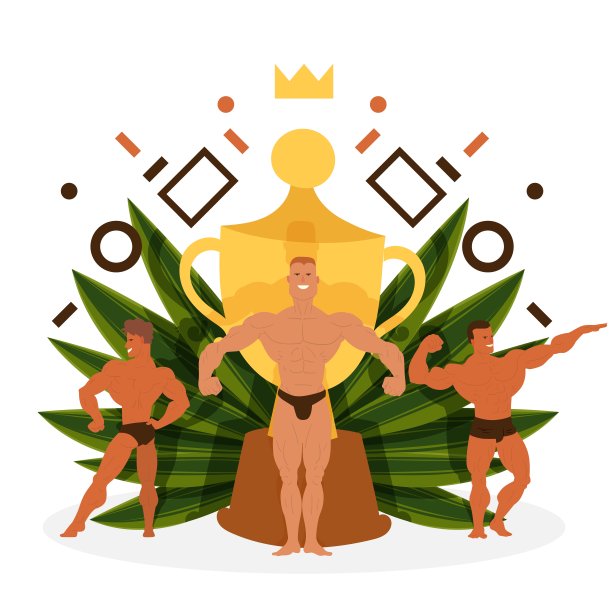 男人赢得奖杯或奖杯旗帜矢量插图。肌肉健美者展示他的肌肉。健身模特，摆姿势，健身。体育馆里的运动员，强壮英俊的人。图片下载