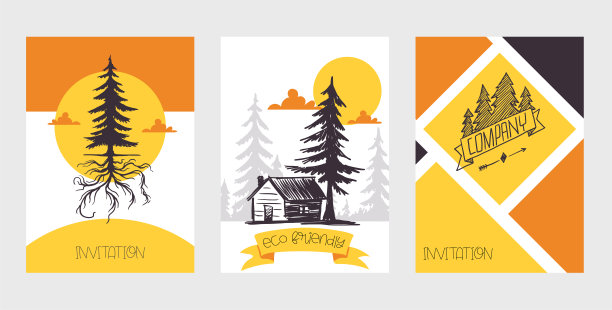 林松树名片邀请向量常青自然剪影公司。森林树梢自然木材背景。古手绘自然野生植物公园。图片下载