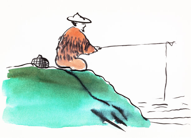 渔民钓鱼手绘在sumi-e风格图片下载