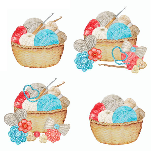 蓝，红，灰，米色钩针商店的标志套装，品牌，Avatar组成的钩子，纱线，钩针心，弓，花。爱好的标志。插图手工或钩针与球的纱线图标图片下载