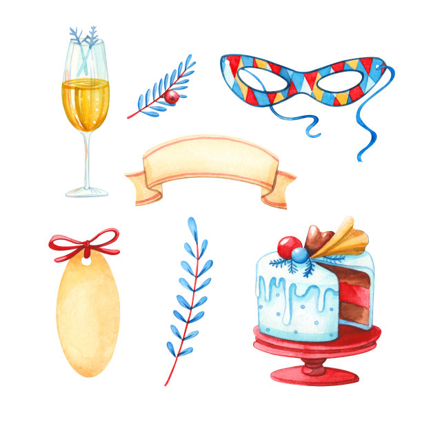 香槟杯，狂欢节面具，横幅和蛋糕图片下载