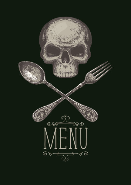 用勺子和叉子的人类头骨菜单图片下载