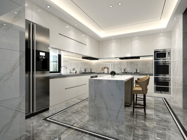 3 d渲染。厨房和餐厅内部。图片下载