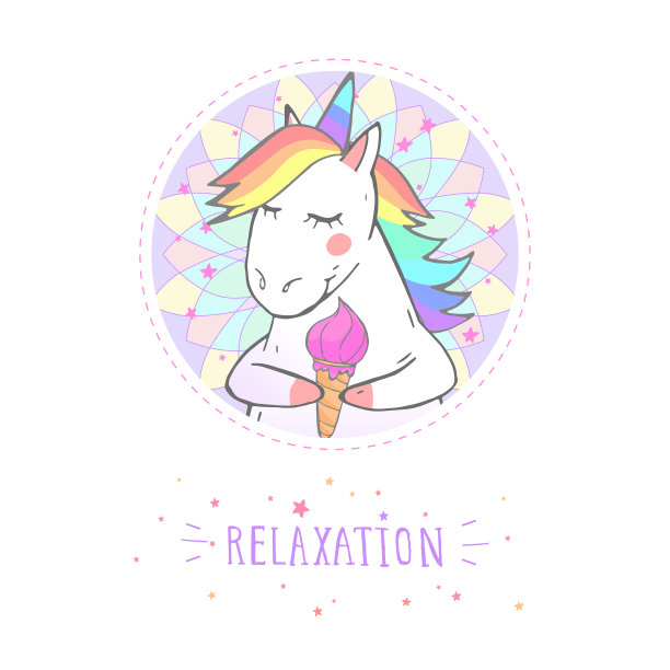 矢量贴纸或图标与手绘可爱的独角兽，星星和文字-放松在白色的背景。图片下载