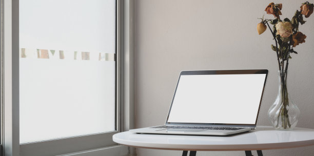 最小的工作空间，打开空白屏幕笔记本电脑和干玫瑰花瓶在白色的桌子上图片下载