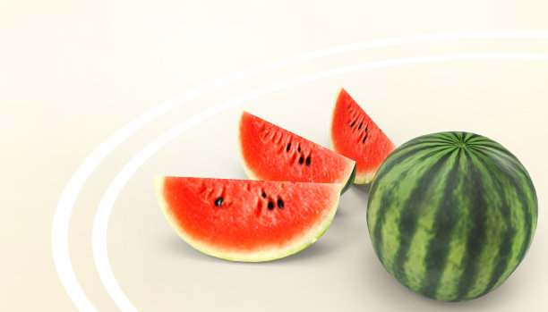 新鲜的西瓜和三重切片特写概念暑假-水果和蔬菜在黄色柔和的背景- 3d渲染图片下载