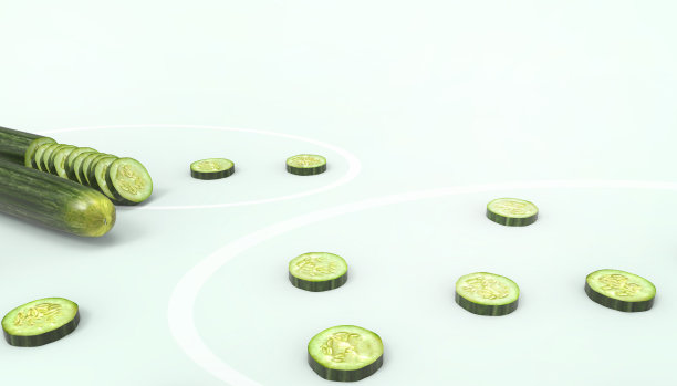 新鲜黄瓜和圆片概念暑假-水果和蔬菜在绿色的粉彩背景- 3d渲染图片下载