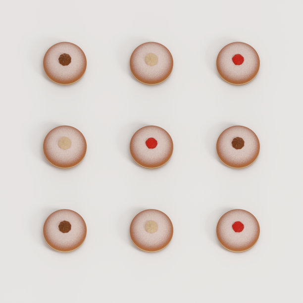 自制美味的甜甜圈，白色背景，俯视图。甜甜圈与果酱，香草，巧克力配料，平铺甜点概念背景。传统甜甜甜圈与糖粉的形象。图片下载