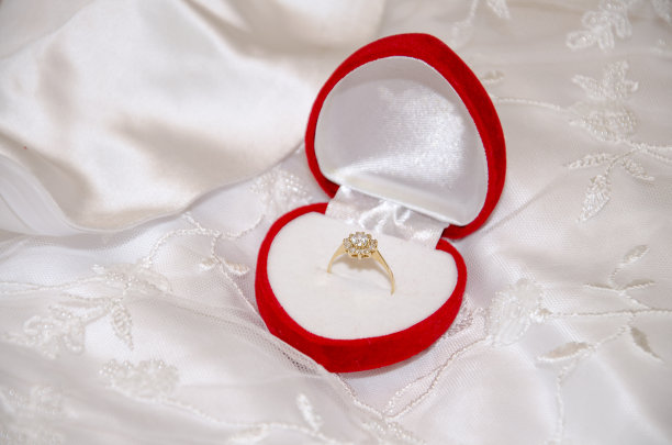 订婚戒指在一个红色的盒子在白色缎子的背景图片下载