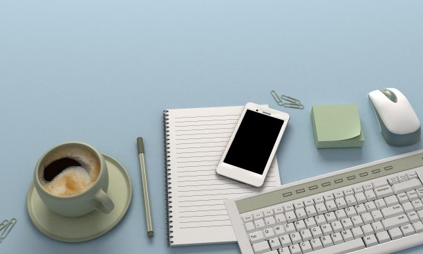 办公室办公桌，桌子与用品，俯视图。三维渲染图片下载