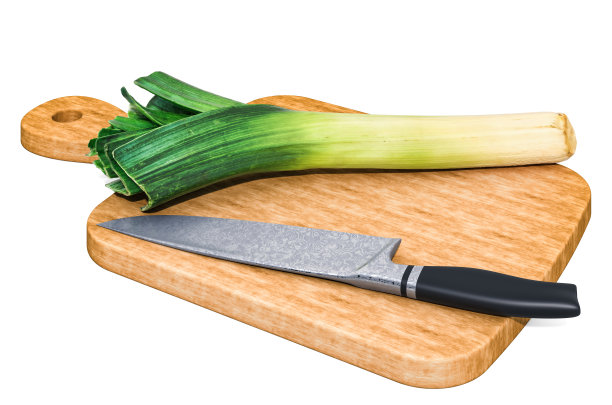 新鲜的韭菜躺在木板上，旁边是一把刀，3D渲染孤立在白色背景上图片下载