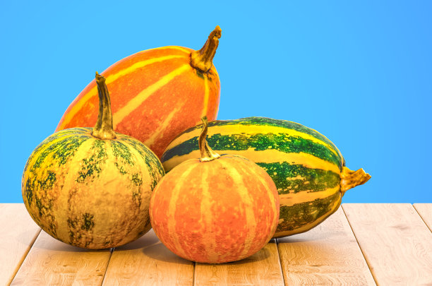 一套南瓜和南瓜3d渲染与现实的纹理在木桌上图片下载