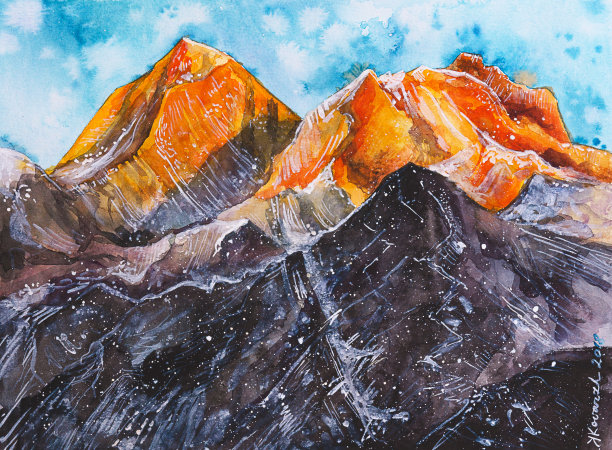 水彩画珠穆朗玛峰，喜马拉雅山图片下载