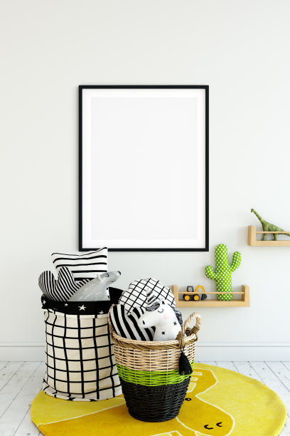 画框和海报模拟客厅。北欧室内。3d渲染，3d插图图片下载