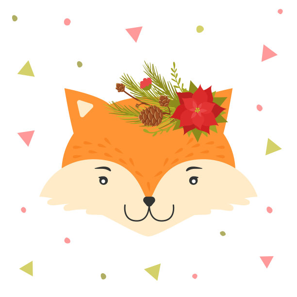 狐狸的脸上戴着圣诞花环。可爱的圣诞动物，用于贺卡，海报，请柬图片下载