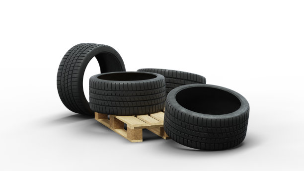 四个大型运动轮胎在一个木托盘上混乱图片下载