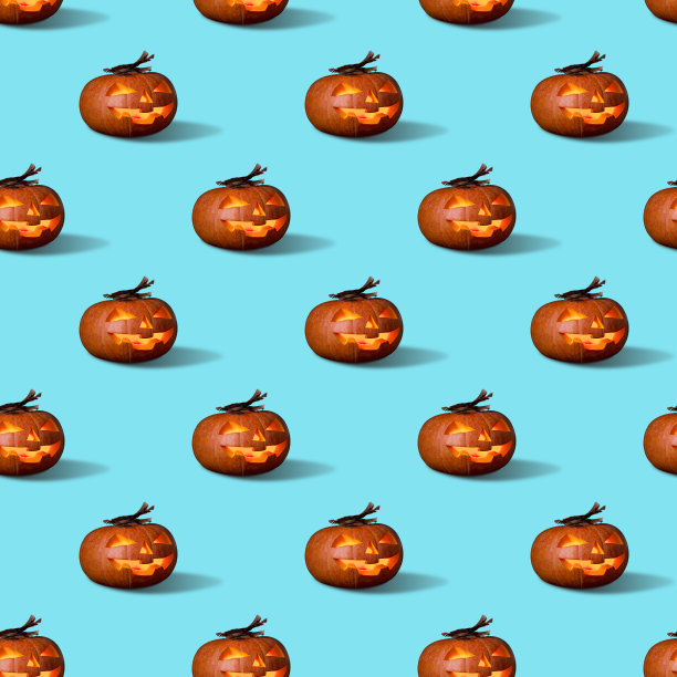无缝图案与橙色万圣节南瓜头杰克o灯笼图片下载