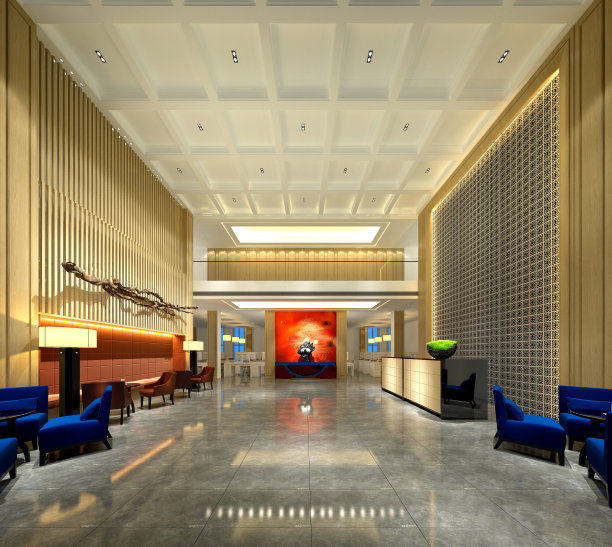 豪华酒店大堂和接待的3d渲染图片下载