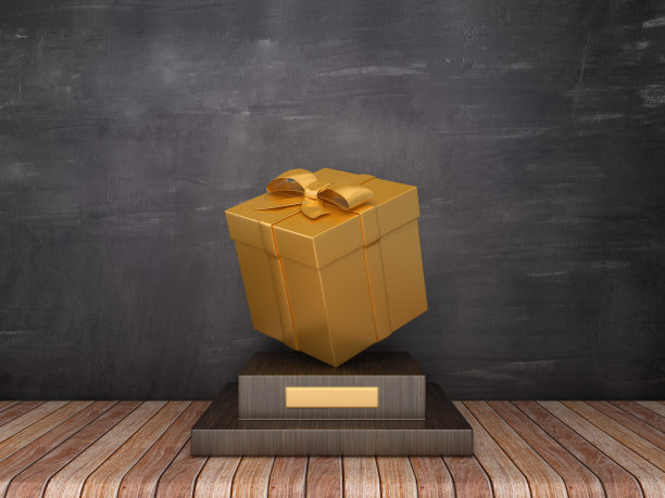 奖杯与礼盒在木地板上-黑板背景- 3D渲染图片下载