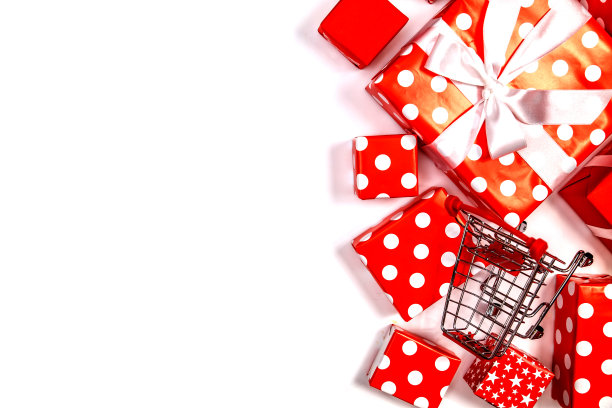 中国网上购物，双十一光棍节销售理念。购物车，白色的丝带和红色的礼盒在白色和棕色的背景与文本拷贝空间11.11光棍节销售。图片下载