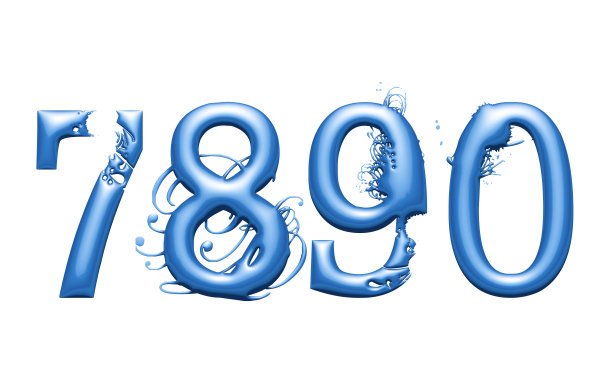 3d字母表，数字7 8 9 0与水的效果，3d插图图片下载