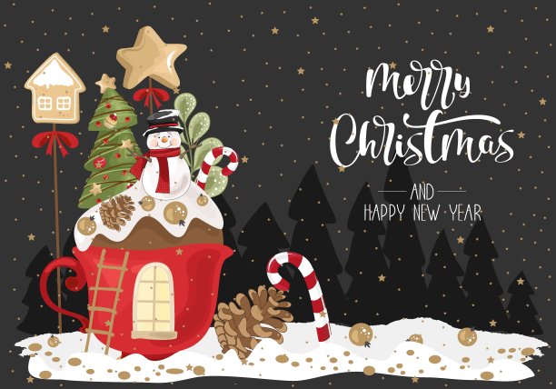 祝福圣诞快乐与节日杯，树枝和糖果。矢量插图。带有书法和手绘设计元素的冬季贺卡。图片下载