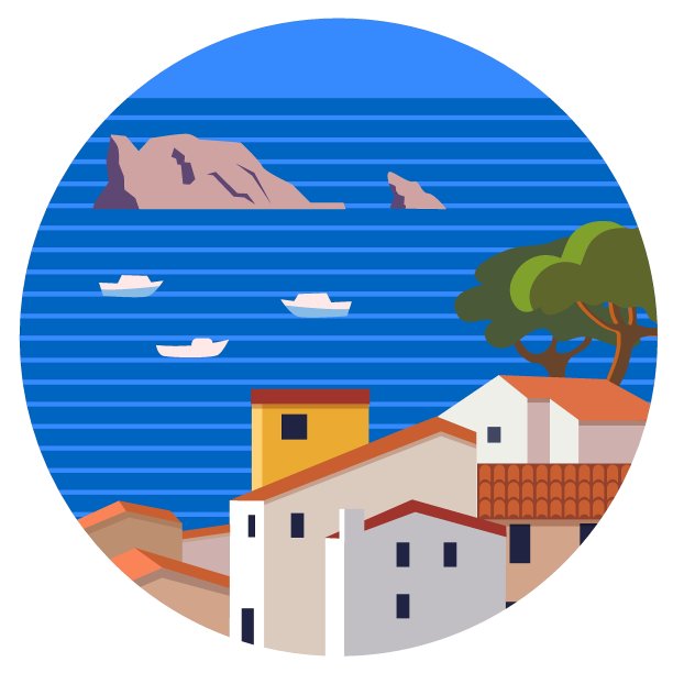 地中海景观与城镇和海平风格矢量插图图片下载