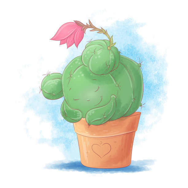 可爱的卡通仙人掌女孩睡在锅里。图片下载