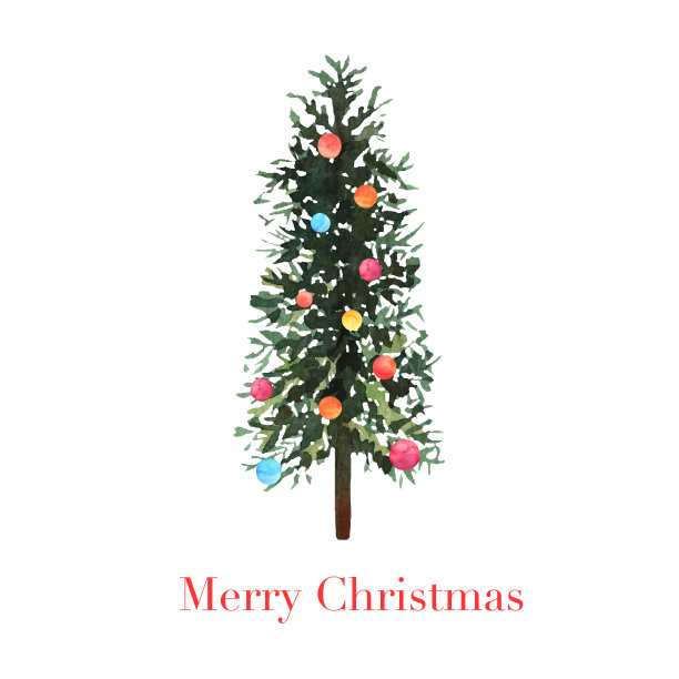 水彩圣诞树与装饰彩色球在白色的背景。新年和圣诞节的设计，墙纸，纺织品图片下载