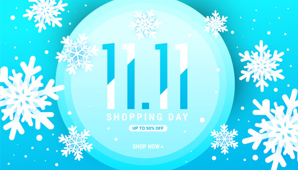 冬季11.11最小设计销售横幅与现实的白色雪花在一个蓝色的圆圈框架与地方的文字。矢量图图片下载