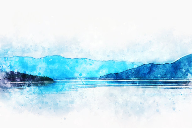 在水彩插画背景上以山峰和树木景观为抽象的色彩形态。图片下载