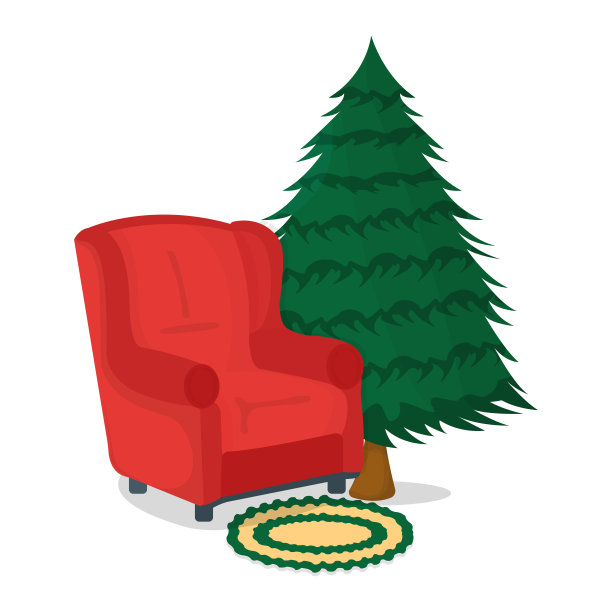 扶手椅，桌子和圣诞树图标概念。白色背景的家具。椅子符号，图标和徽章。卡通矢量图图片下载