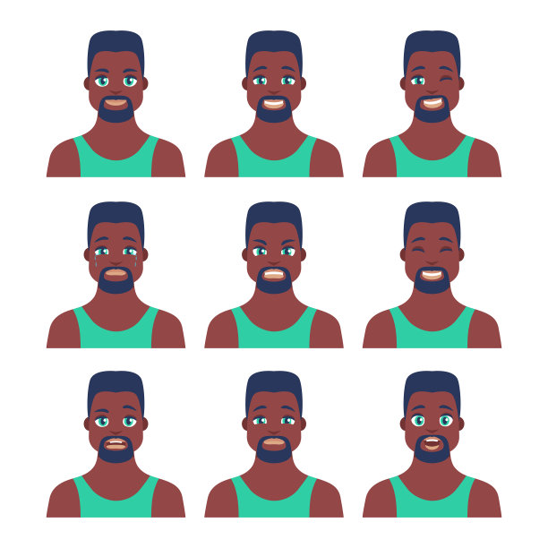 一套年轻的男性图标与情感在卡通风格。图片下载