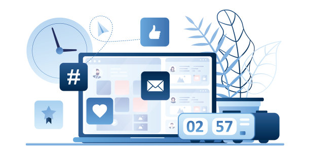 带有社交网络应用的现代笔记本电脑。夜间聊天和社交。图片下载