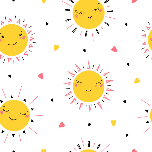 矢量无缝图案可爱的太阳和心形打印。卡通涂鸦有趣的快乐太阳脸矢量插图。天空背景儿童时尚，托儿所，婴儿淋浴斯堪的纳维亚设计图片下载