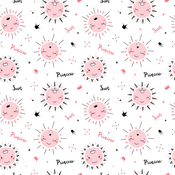 斯堪的纳维亚无缝图案可爱的公主太阳，王冠和字母。卡通涂鸦快乐太阳脸矢量插图。天空矢量背景儿童时尚，托儿所，婴儿送礼会图片下载