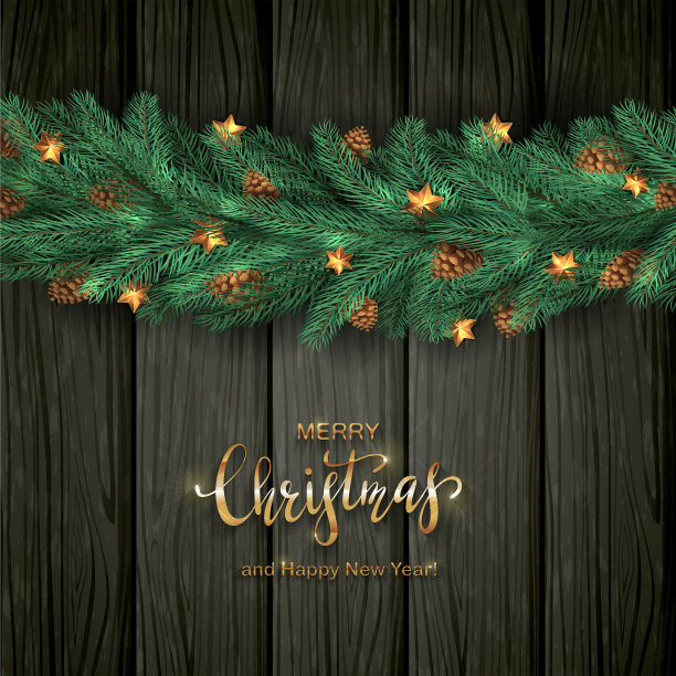 黑色木制背景与圣诞树的树枝和星星图片下载