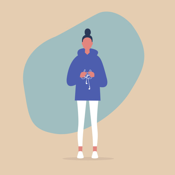 年轻的女性角色拿着一结纠结的耳机，千禧一代的生活方式图片下载