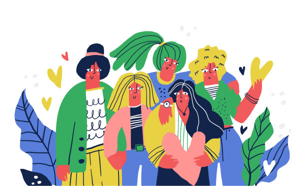 青年组平面手绘矢量插图。斯堪的纳维亚风格的青少年，学生卡通人物。女性团队合作理念。永远的好友横幅、海报设计元素图片下载