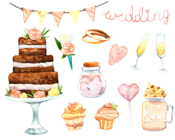 手绘绘制庆祝水彩无缝图案白色背景。孤立的素描元素香槟，一盒蛋白杏仁饼干，花束在一个华夫饼杯，花瓣，心，信。最适合设计卡片，请柬，明信片，墙纸，图片下载