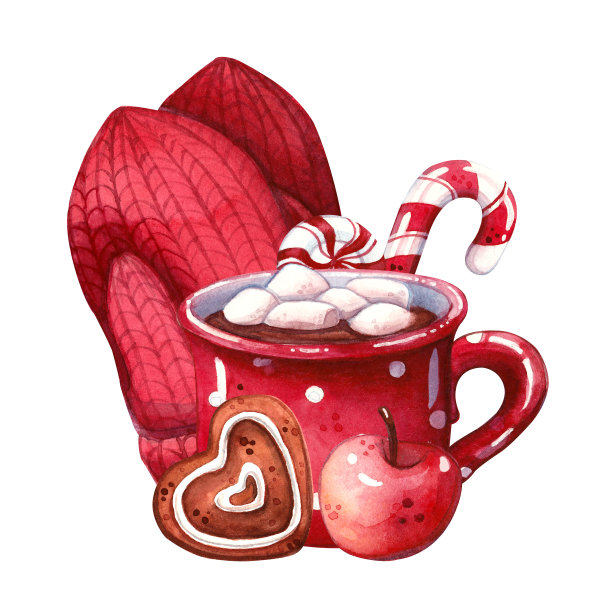 一大杯热巧克力，手套和圣诞糖果图片下载