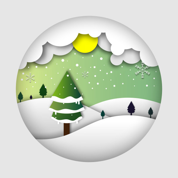 圣诞快乐卡。山上有松树和雪花的插图。矢量插图与雪，冰，树和月亮在冬季雪花，纸艺术设计。图片下载