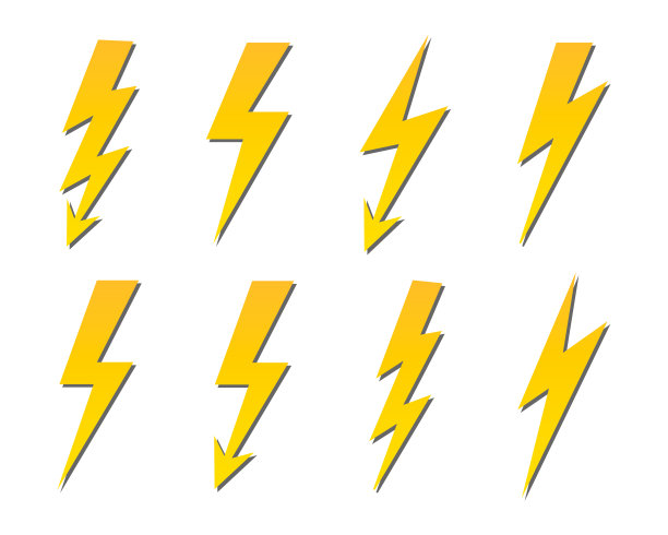 闪电闪电图标收集。电力标志标志集。平的卡通风格。矢量插图形象。孤立在白色背景上。图片下载