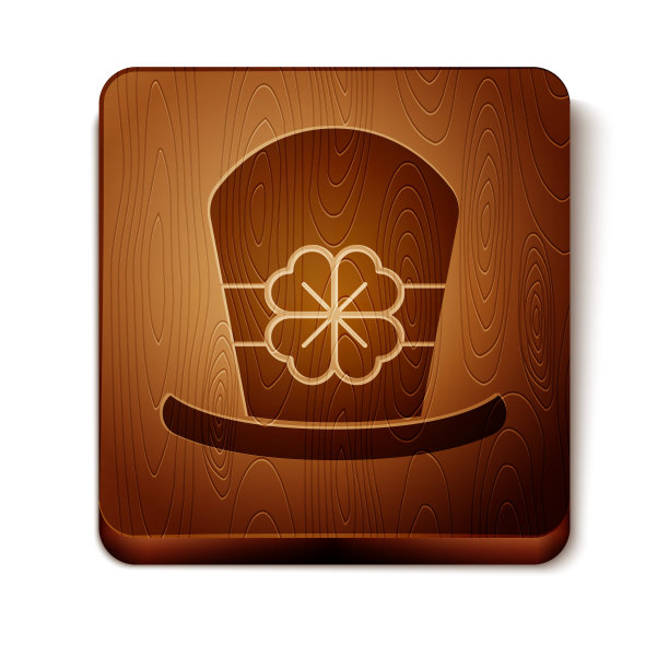 棕色的妖精帽子和四叶三叶草图标孤立在白色的背景上。圣帕特里克节快乐。木制方形按钮。矢量图图片下载