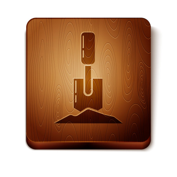 棕色铲子在地面图标孤立的白色背景。园艺工具。园艺、农业、农业的工具。木制方形按钮。矢量图图片下载