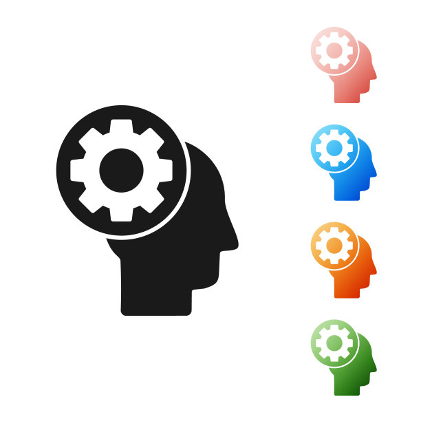 黑色人头与齿轮内的图标隔离在白色背景。人工智能。思考的大脑信号。大脑的符号工作。设置图标丰富多彩。矢量图图片下载