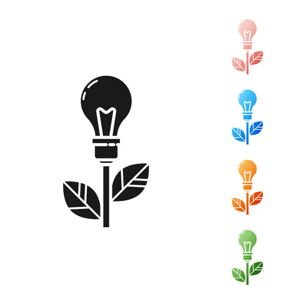 黑色灯泡与叶子图标孤立在白色背景。生态能源的概念。替代能源的概念。设置图标丰富多彩。矢量图图片下载