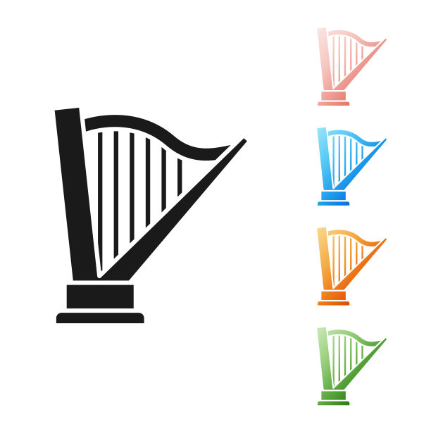 黑色竖琴图标孤立的白色背景。古典乐器，管弦乐队弦乐器的原声元素。设置图标丰富多彩。矢量图图片下载